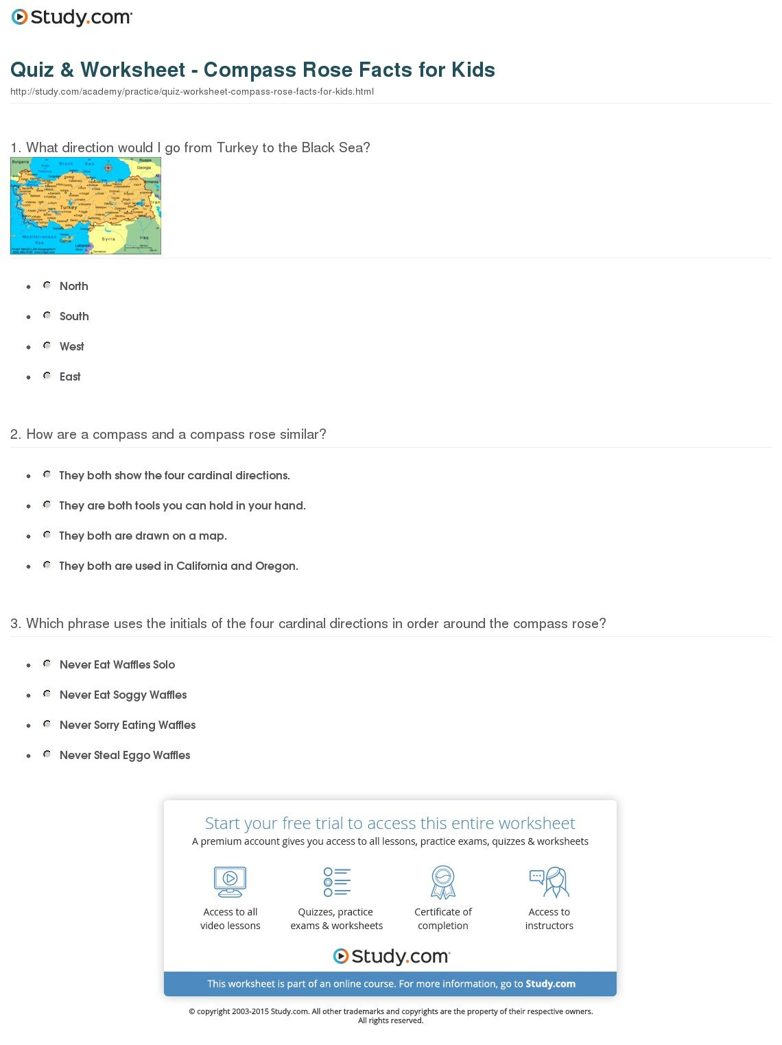 Quiz  Worksheet  Compass Rose Facts For Kids  Study And Compass Worksheets For Kids