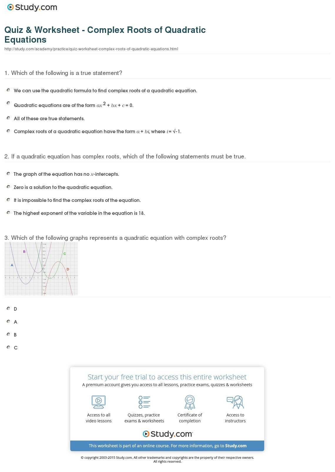 Quiz  Worksheet  Complex Roots Of Quadratic Equations  Study Pertaining To Finding Complex Solutions Of Quadratic Equations Worksheet
