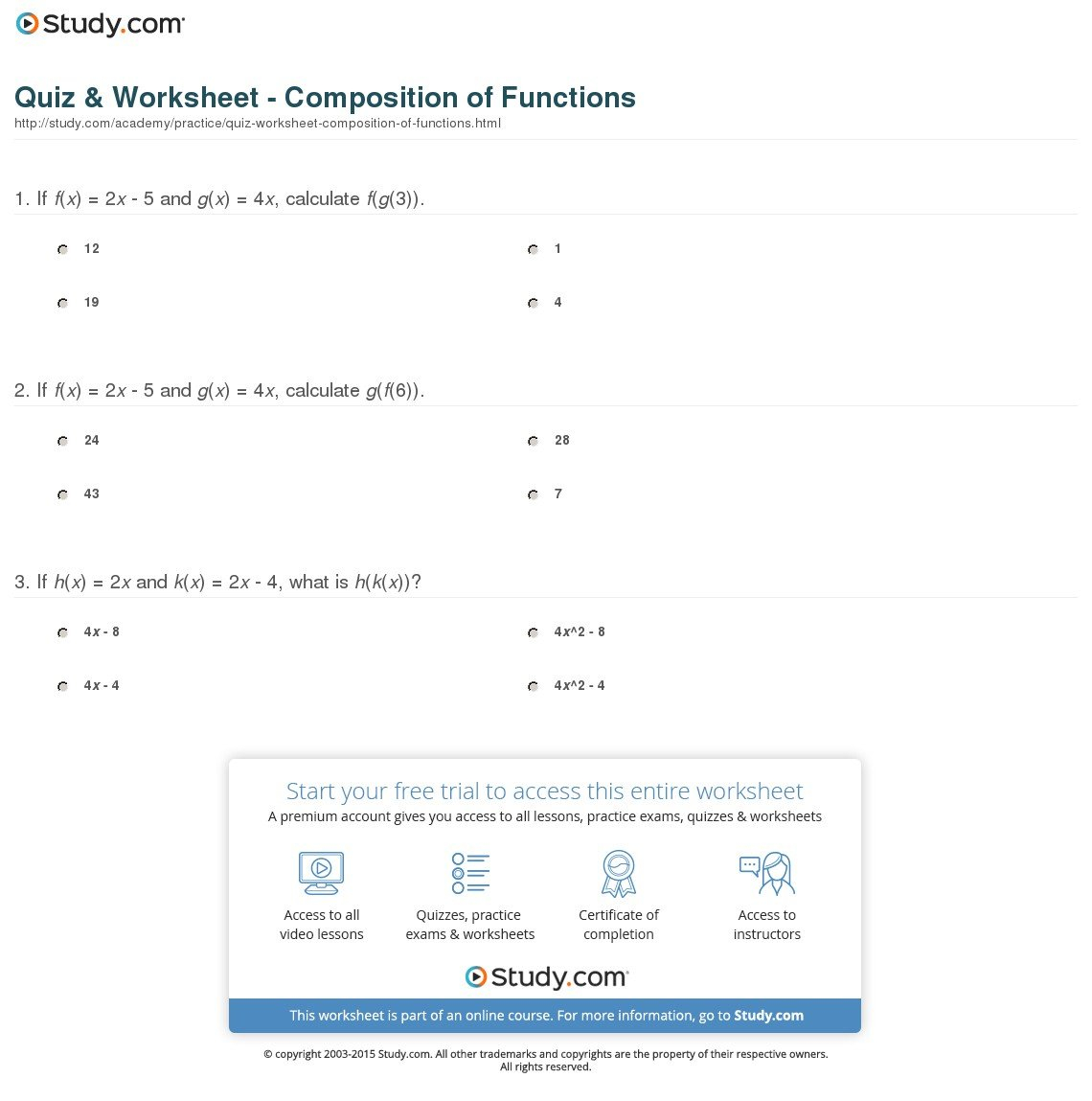 Quiz  Worksheet  Composition Of Functions  Study For Functions Worksheet With Answers