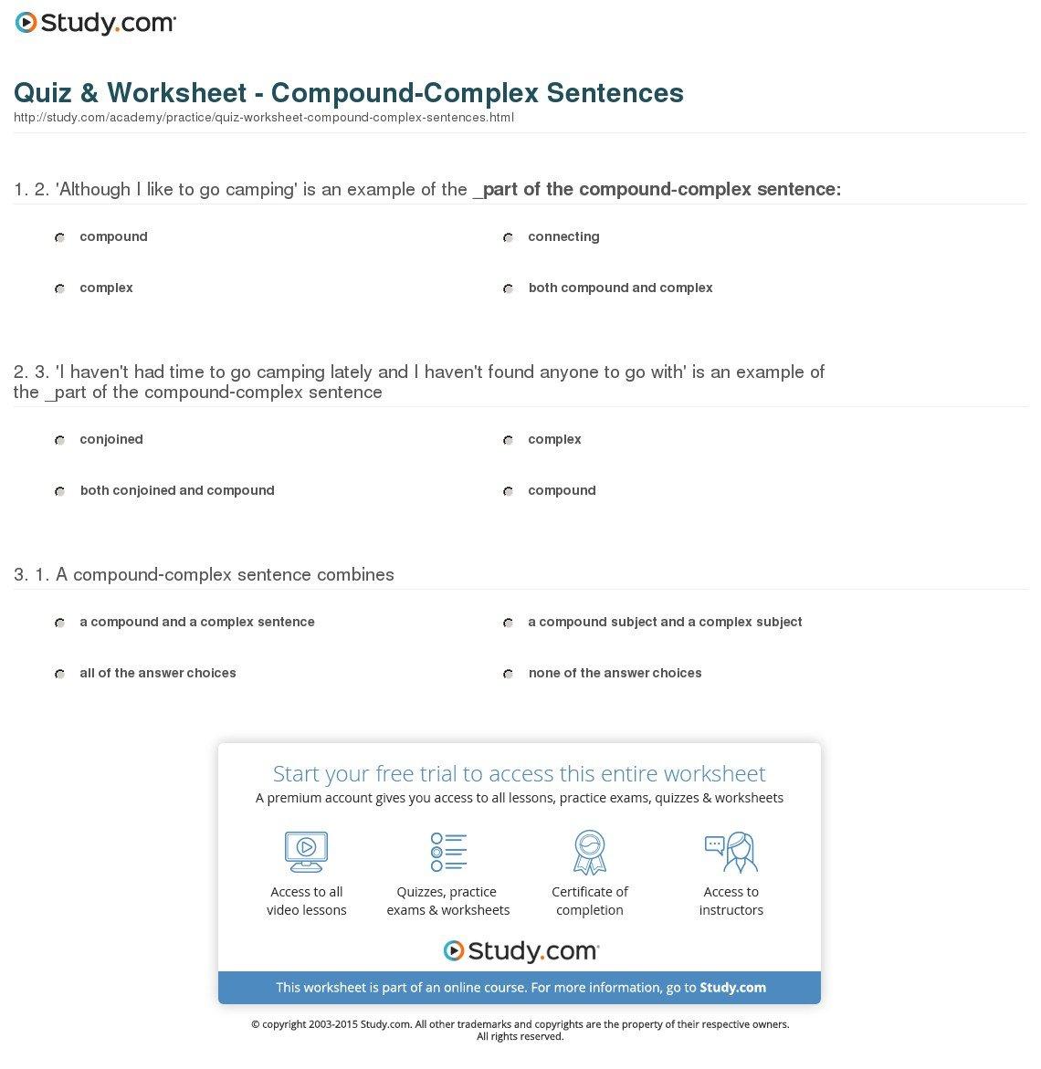 Quiz  Worksheet  Compoundcomplex Sentences  Study With Simple Compound And Complex Sentences Worksheet Pdf With Answers