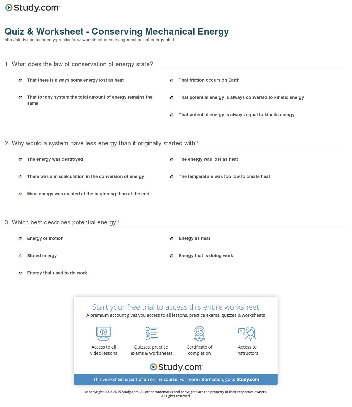 Quiz  Worksheet  Conserving Mechanical Energy  Study Intended For Conservation Of Mechanical Energy Worksheet