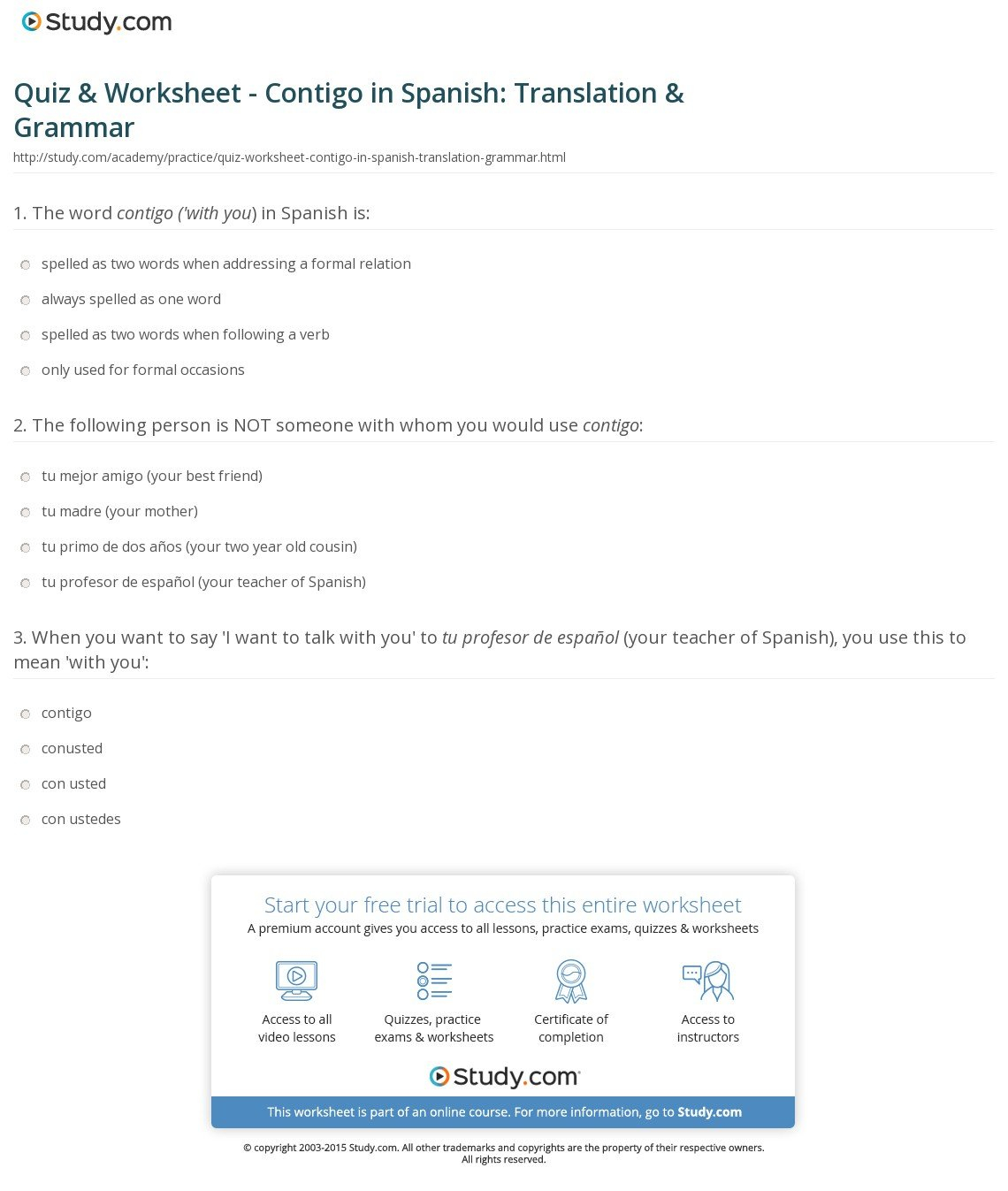 Quiz  Worksheet  Contigo In Spanish Translation  Grammar  Study Pertaining To Translation Practice Worksheet