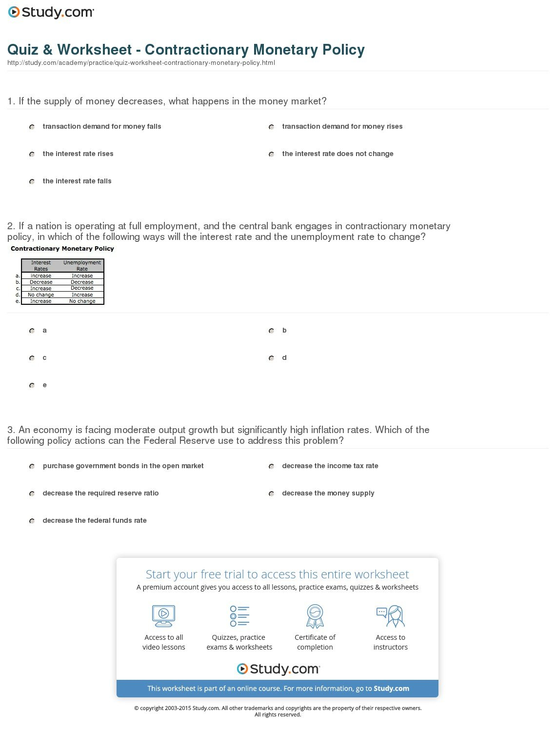 Quiz  Worksheet  Contractionary Monetary Policy  Study For Monetary Policy Worksheet Answers