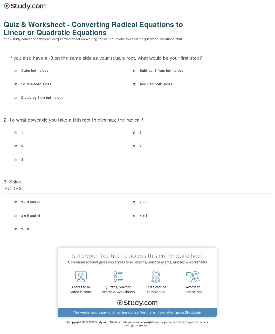 Quiz  Worksheet  Converting Radical Equations To Linear Or With Simplifying Radical Equations Worksheet