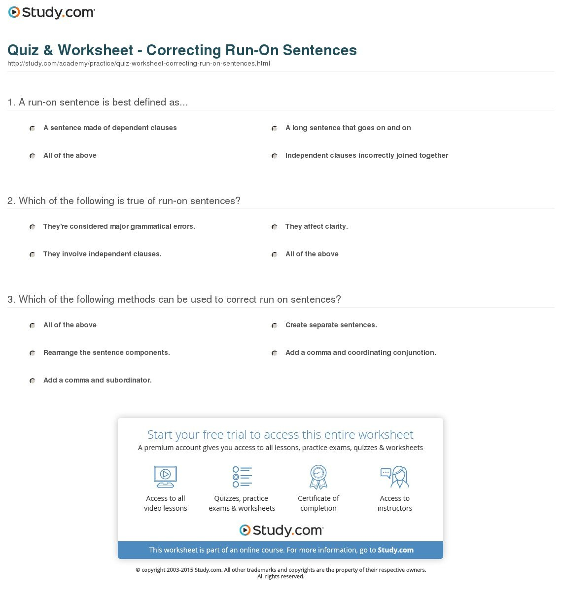 Quiz  Worksheet  Correcting Runon Sentences  Study Throughout Sentence Editing Worksheets