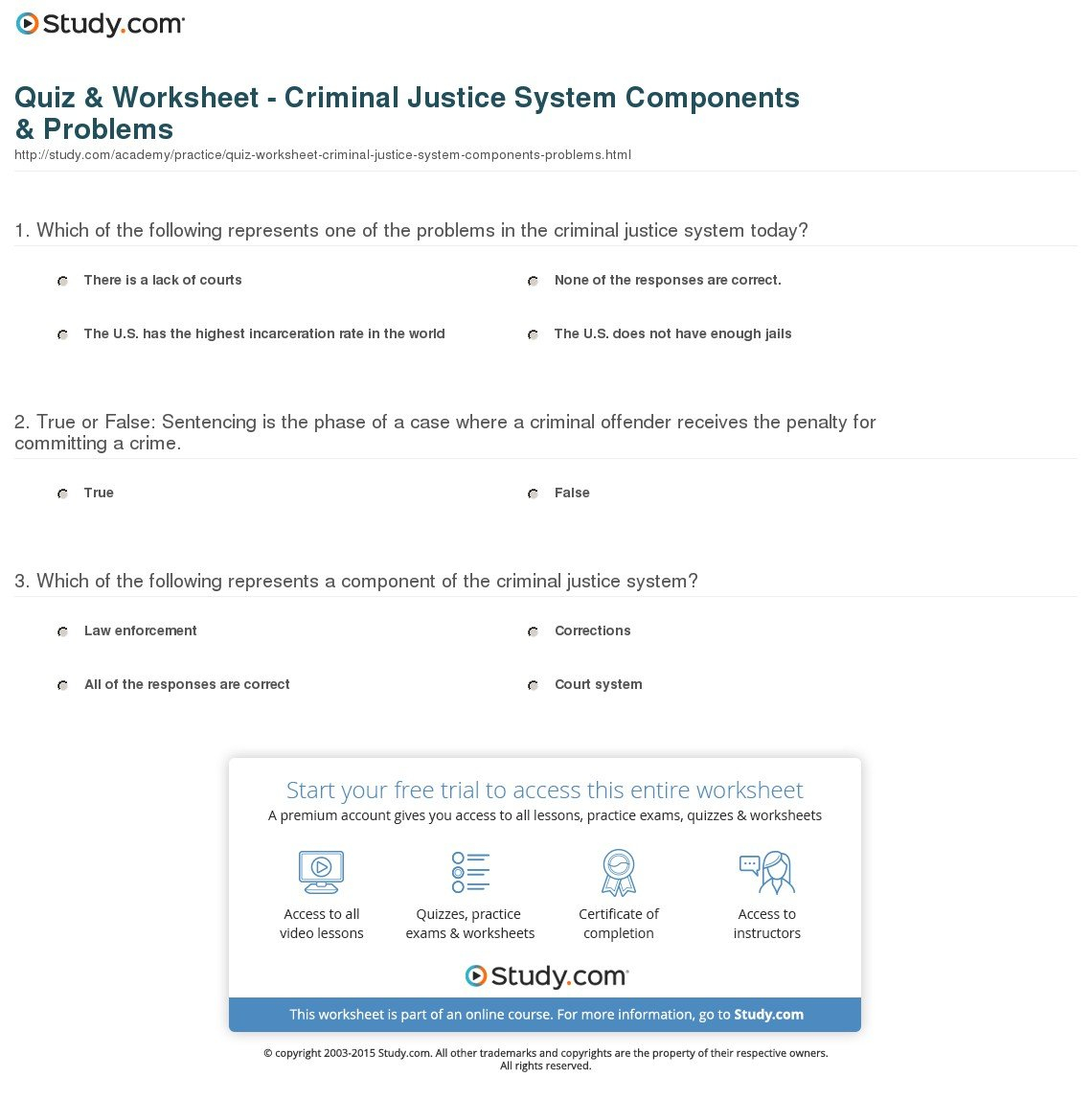 Quiz  Worksheet  Criminal Justice System Components  Problems With Regard To Criminal Law Worksheets