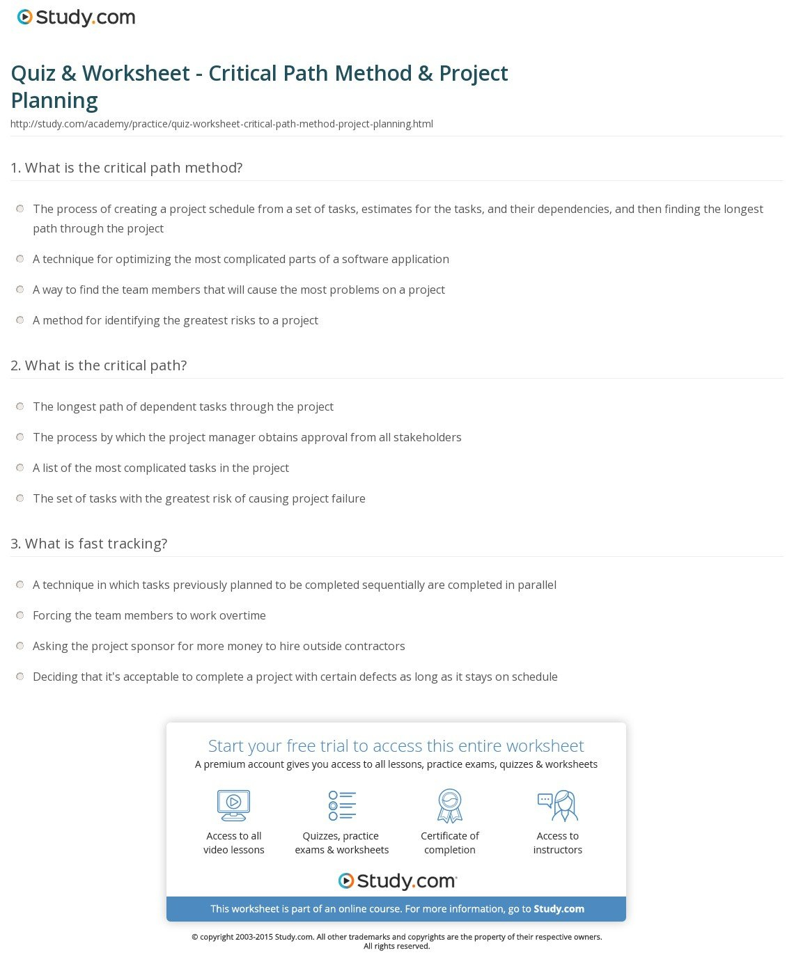 Quiz  Worksheet  Critical Path Method  Project Planning  Study For Project Planning Worksheet