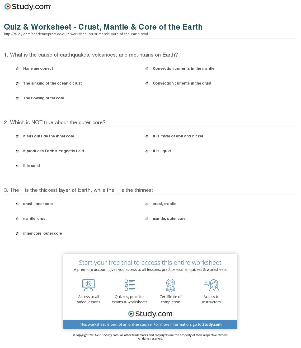 Quiz  Worksheet  Crust Mantle  Core Of The Earth  Study In Layers Of The Earth Worksheets Middle School