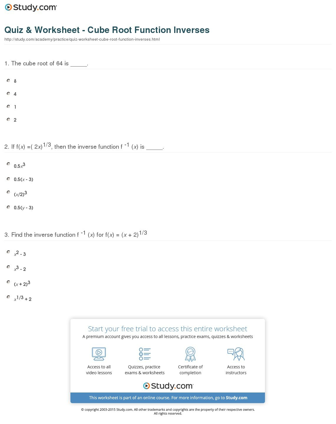 Quiz  Worksheet  Cube Root Function Inverses  Study Intended For Inverse Functions Worksheet With Answers
