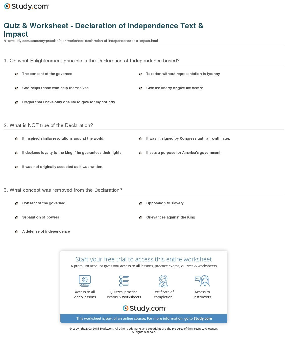 Quiz  Worksheet  Declaration Of Independence Text  Impact  Study Also Declaration Of Independence Worksheet Answer Key
