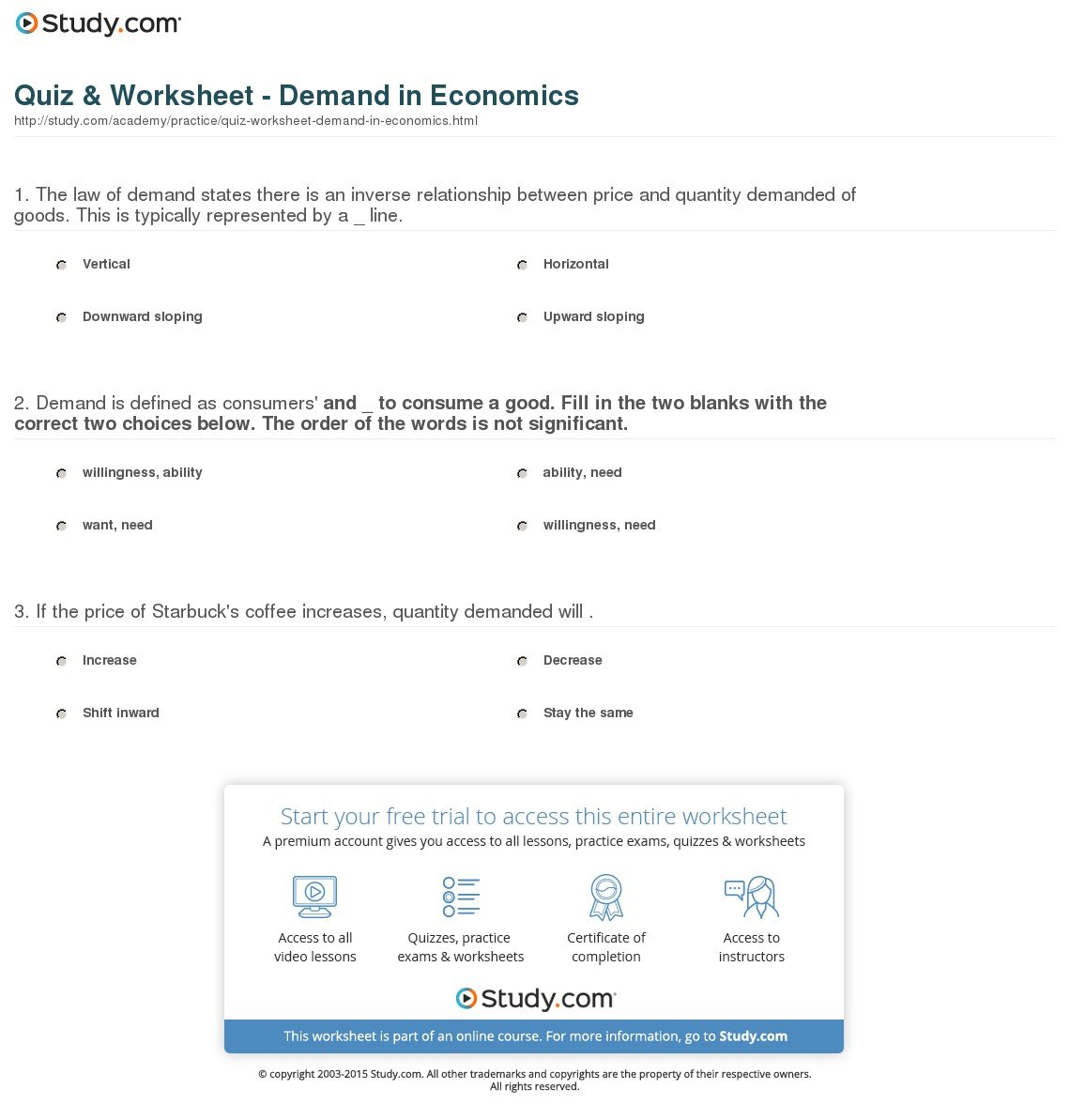Quiz  Worksheet  Demand In Economics  Study Also Demand Worksheet Answers