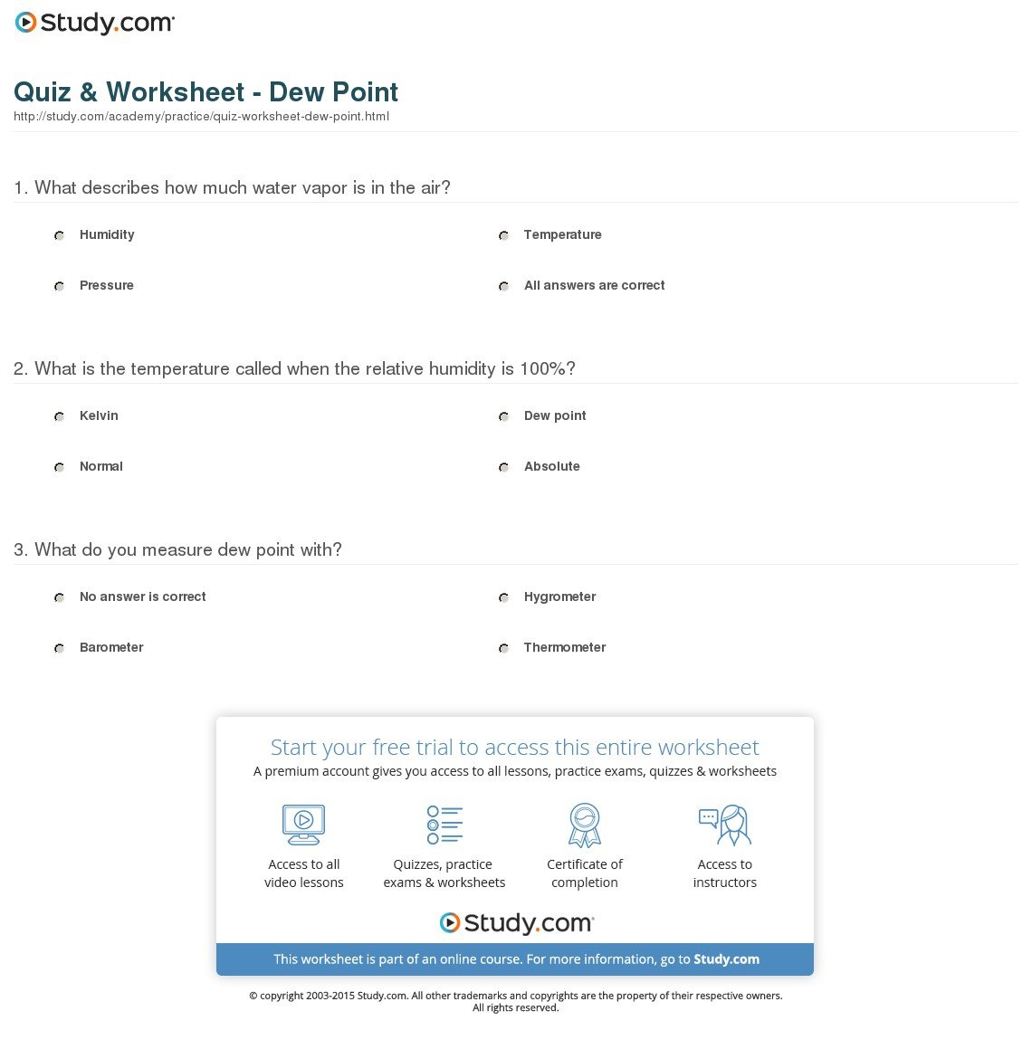 Quiz  Worksheet  Dew Point  Study Regarding Relative Humidity And Dew Point Worksheet Answer Key