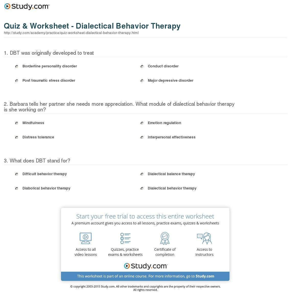 Quiz  Worksheet  Dialectical Behavior Therapy  Study Together With Dbt Skills Worksheets