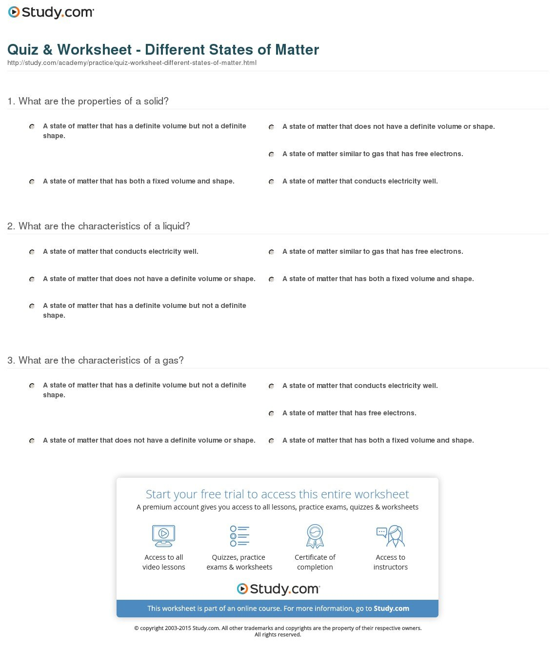 Quiz  Worksheet  Different States Of Matter  Study Regarding States Of Matter Worksheet Answer Key