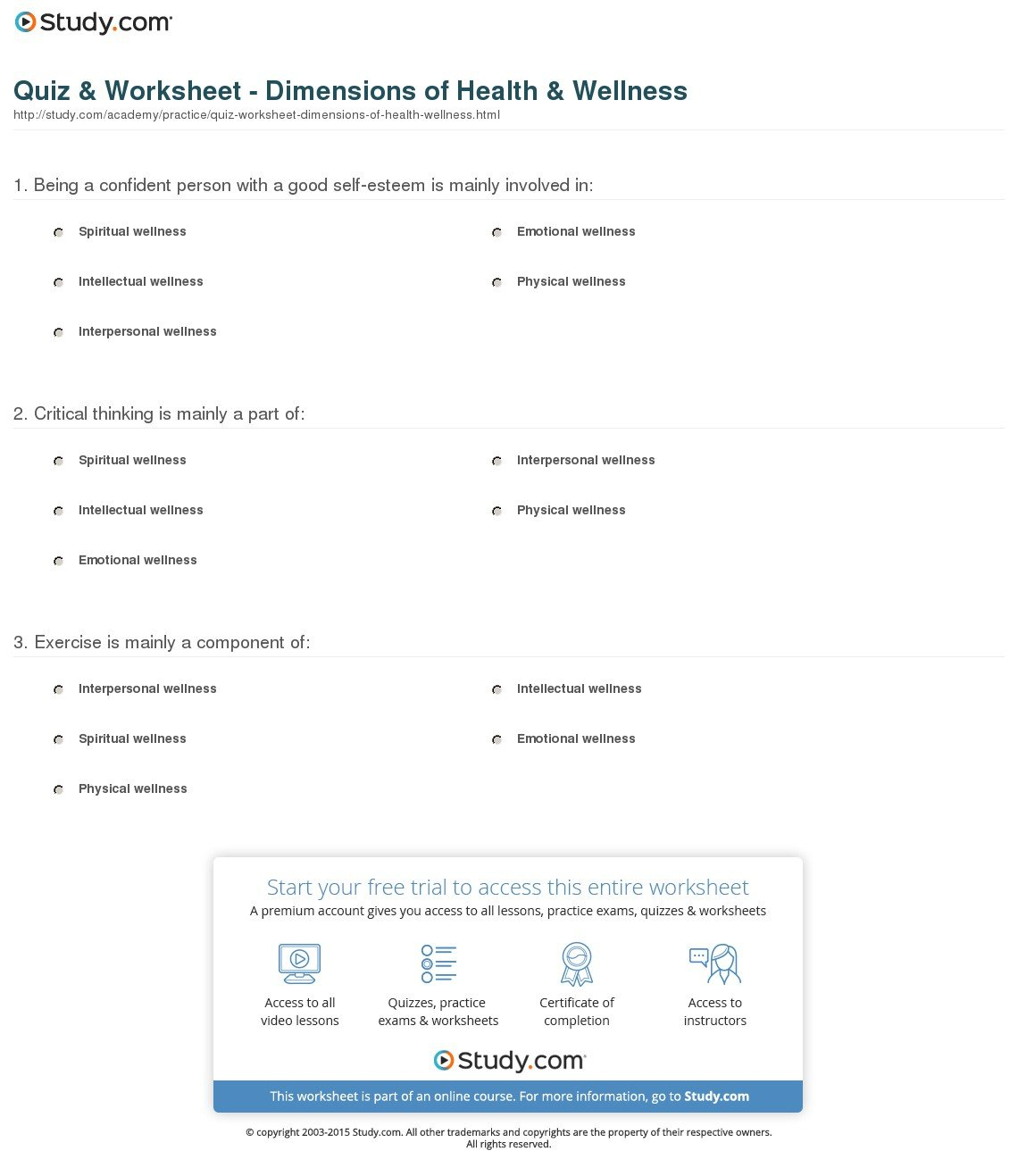 Quiz  Worksheet  Dimensions Of Health  Wellness  Study For Chapter 1 Understanding Health And Wellness Worksheet Answers