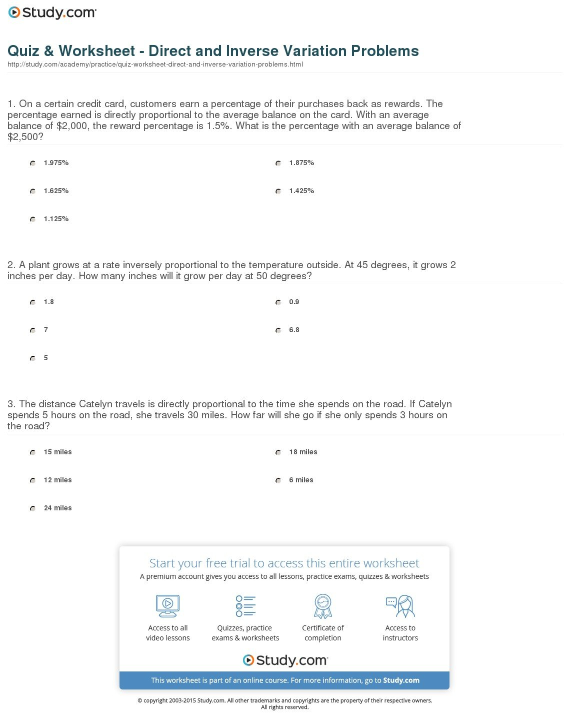 Quiz  Worksheet  Direct And Inverse Variation Problems  Study Also Direct And Inverse Variation Worksheet Answers