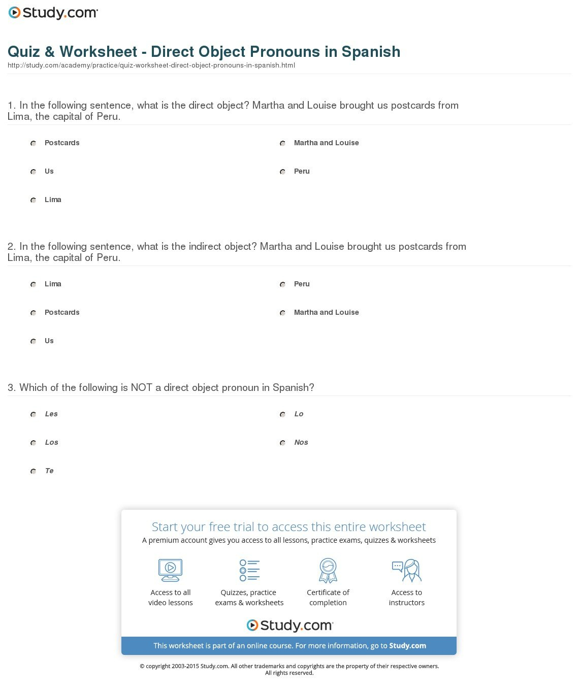 Quiz  Worksheet  Direct Object Pronouns In Spanish  Study And Direct Object Pronouns Spanish Worksheet With Answers