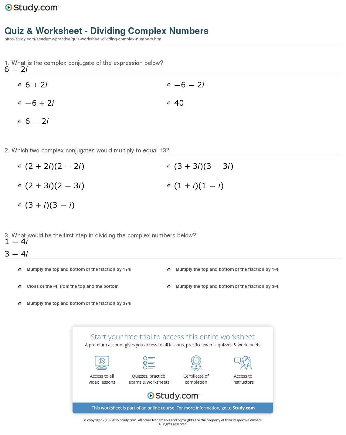 Quiz  Worksheet  Dividing Complex Numbers  Study Also Simplifying Complex Numbers Worksheet