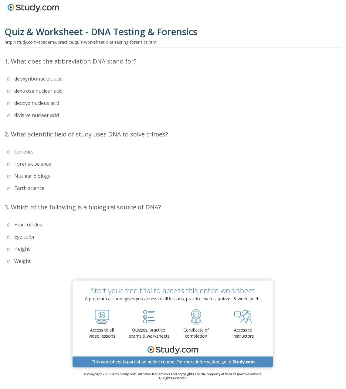 Quiz  Worksheet  Dna Testing  Forensics  Study With Regard To Dna And Forensics Worksheet Answers