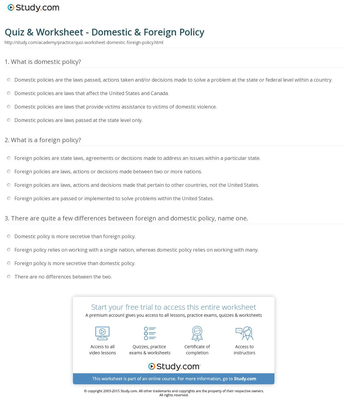 Quiz  Worksheet  Domestic  Foreign Policy  Study Regarding Foreign Policy Worksheet