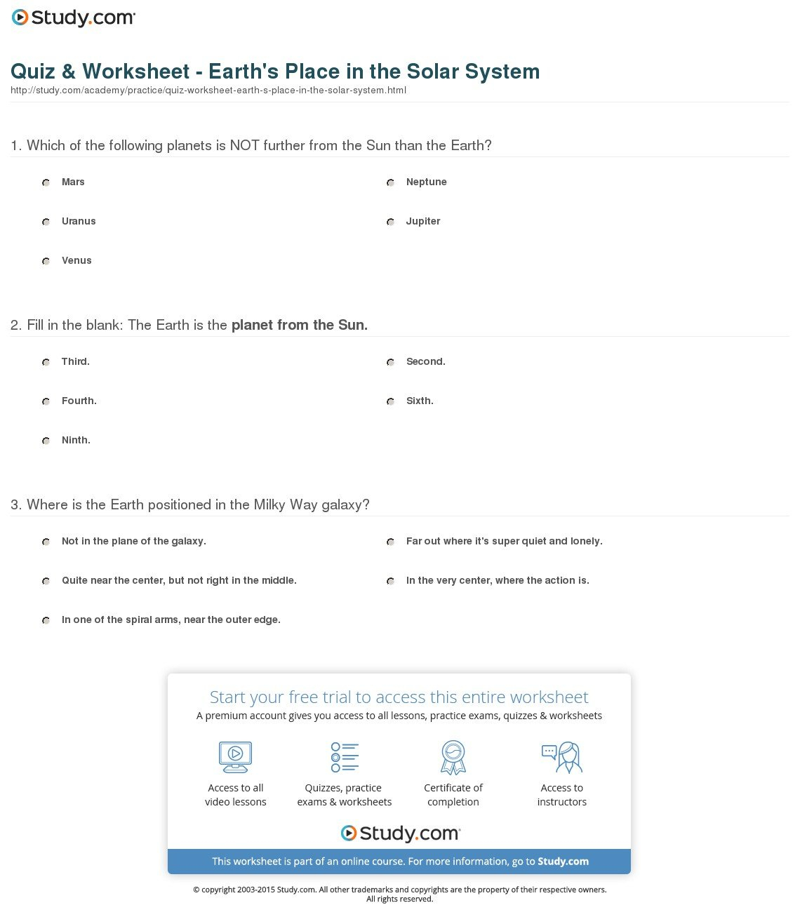 Quiz  Worksheet  Earth's Place In The Solar System  Study For Solar System Worksheets Middle School