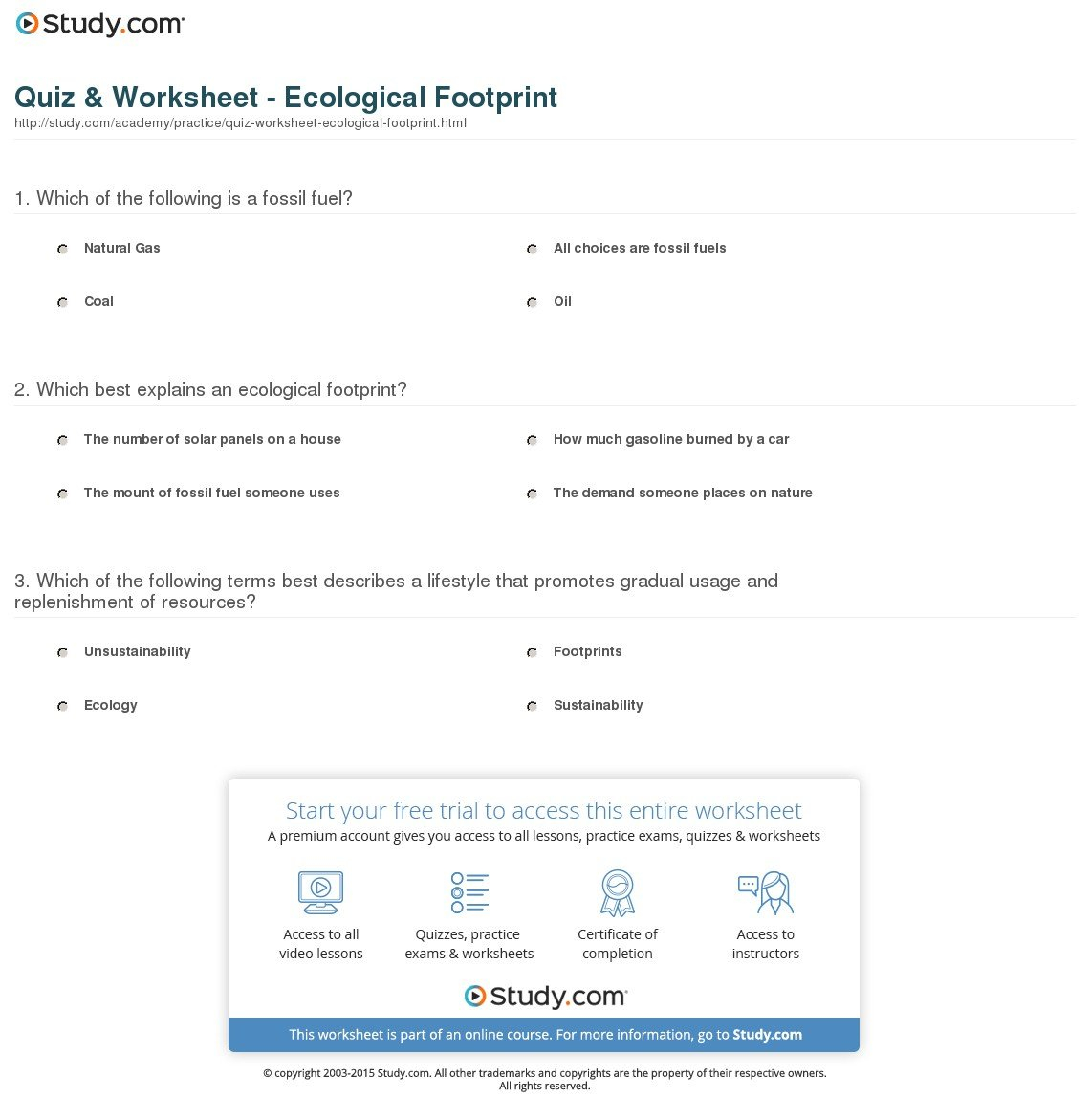 Quiz  Worksheet  Ecological Footprint  Study For Ecological Footprint Calculator Worksheet
