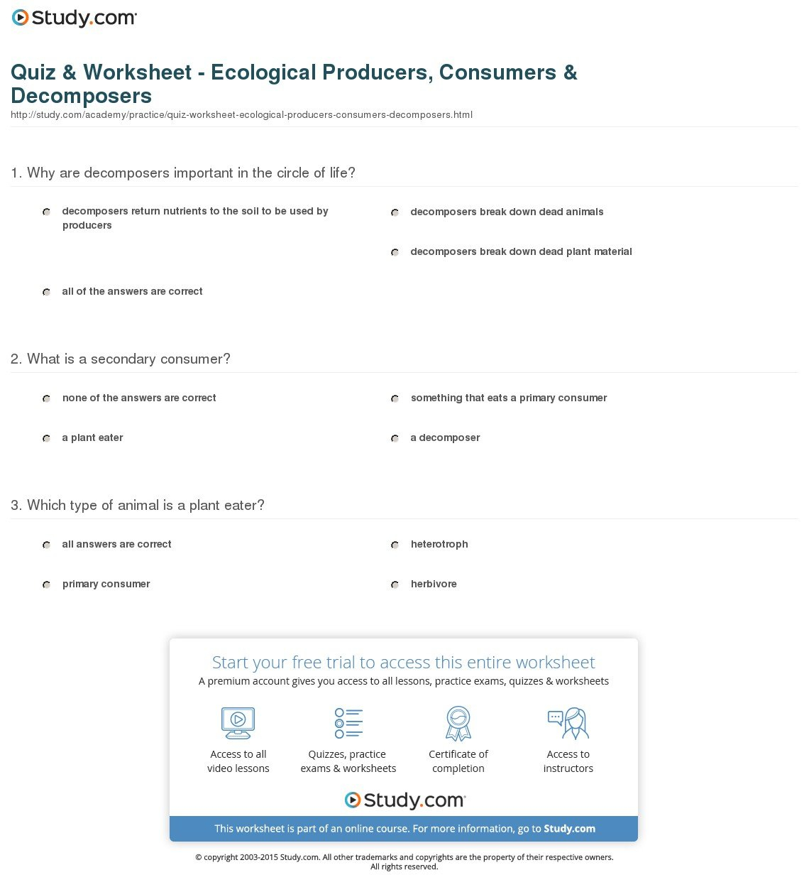 Quiz  Worksheet  Ecological Producers Consumers  Decomposers Also Producer Consumer Decomposer Worksheet