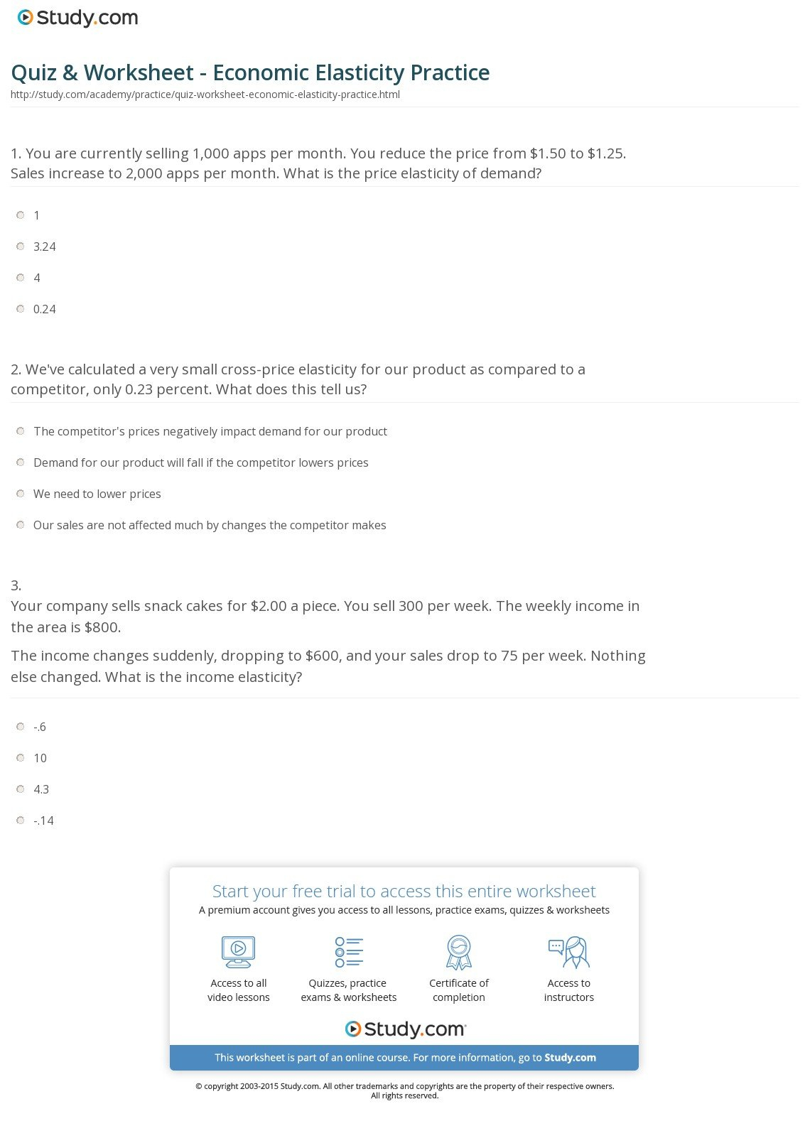 Quiz  Worksheet  Economic Elasticity Practice  Study Pertaining To Worksheet On Elasticity