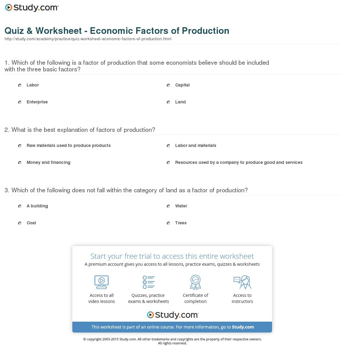 Quiz  Worksheet  Economic Factors Of Production  Study Intended For Factors Of Production Worksheet Answers