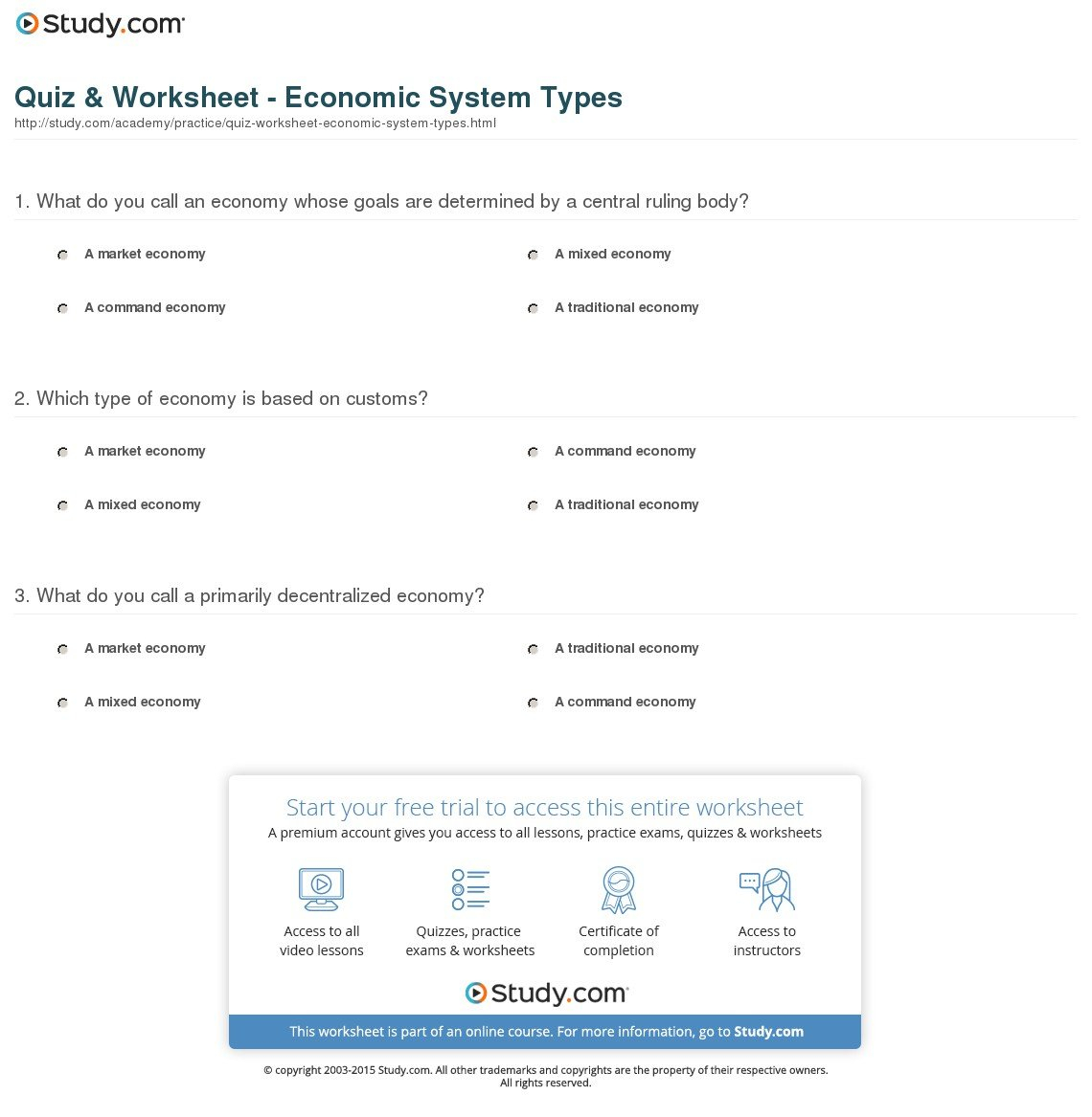 Quiz  Worksheet  Economic System Types  Study Within 2 1 Economics Worksheet Answers