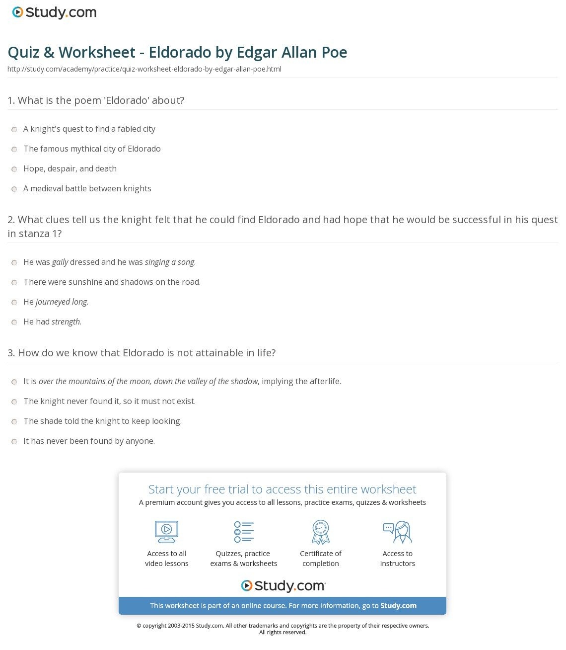 Quiz  Worksheet  Eldoradoedgar Allan Poe  Study And The Road To El Dorado Worksheet Answers