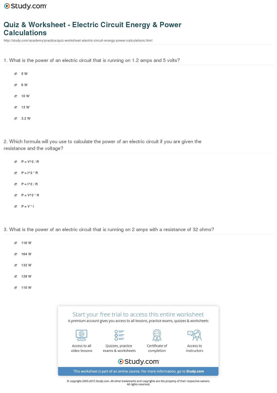 Quiz  Worksheet  Electric Circuit Energy  Power Calculations Inside Electrical Power And Energy Worksheet