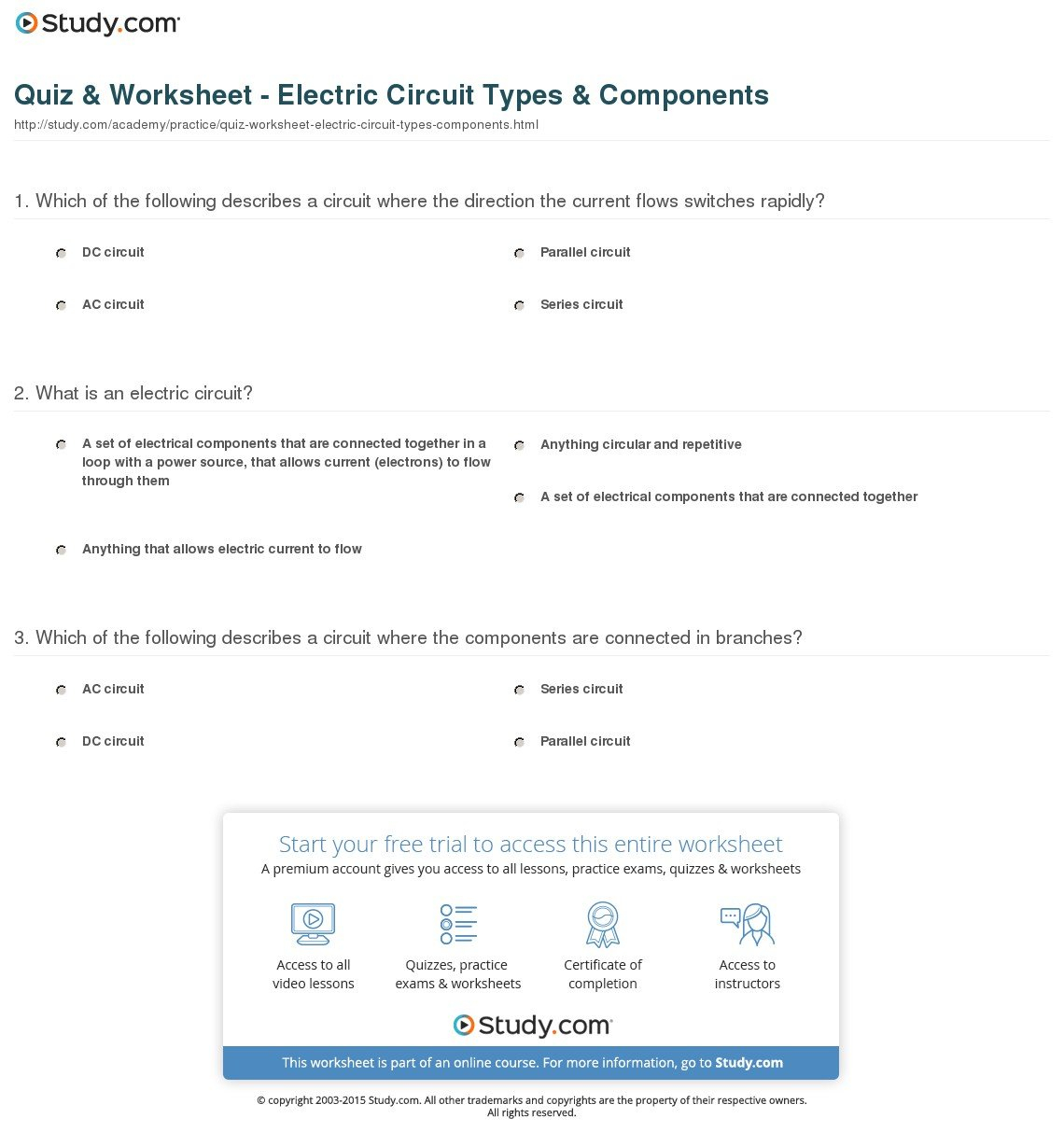 Quiz  Worksheet  Electric Circuit Types  Components  Study As Well As Electrical Circuit Worksheets
