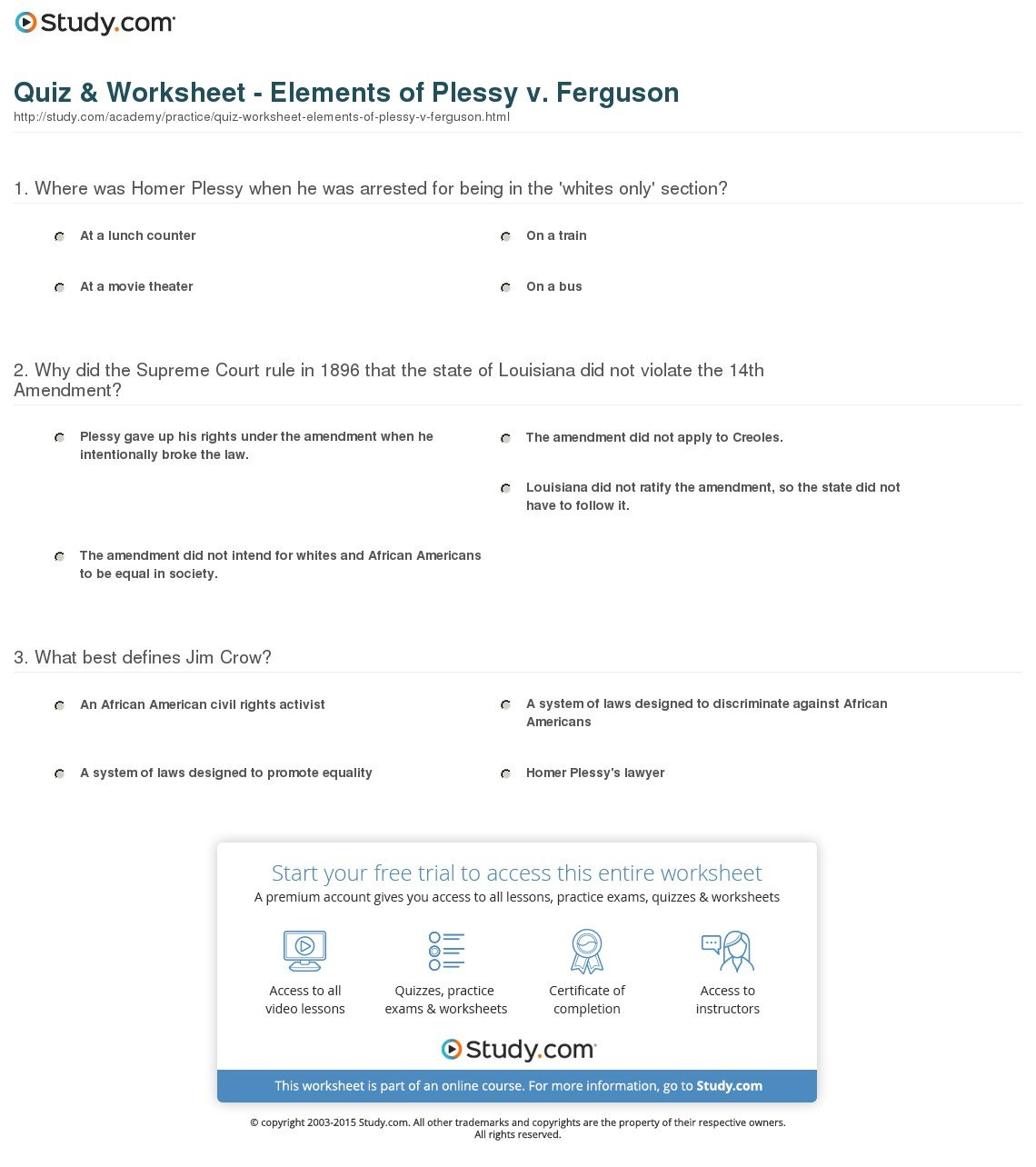 Quiz  Worksheet  Elements Of Plessy V Ferguson  Study For Plessy V Ferguson 1896 Worksheet Answers