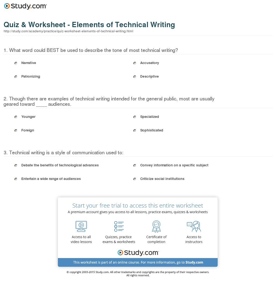 Quiz  Worksheet  Elements Of Technical Writing  Study Along With Technical Writing Worksheets