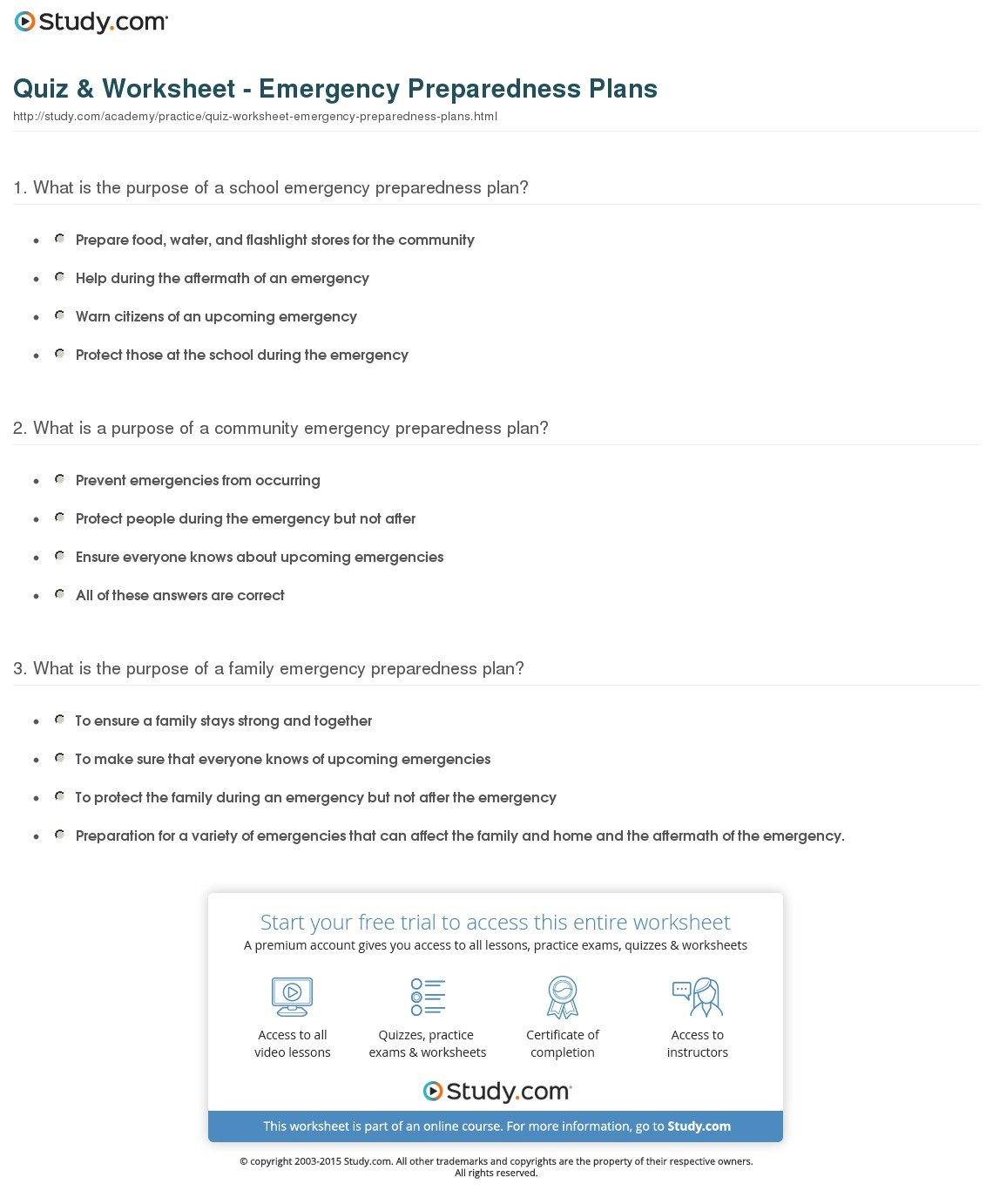 Quiz  Worksheet  Emergency Preparedness Plans  Study Together With Emergency Plan Worksheet