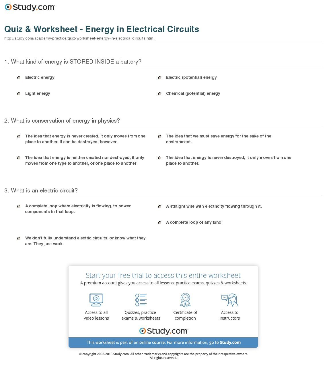 Quiz  Worksheet  Energy In Electrical Circuits  Study Pertaining To Electrical Circuit Worksheets