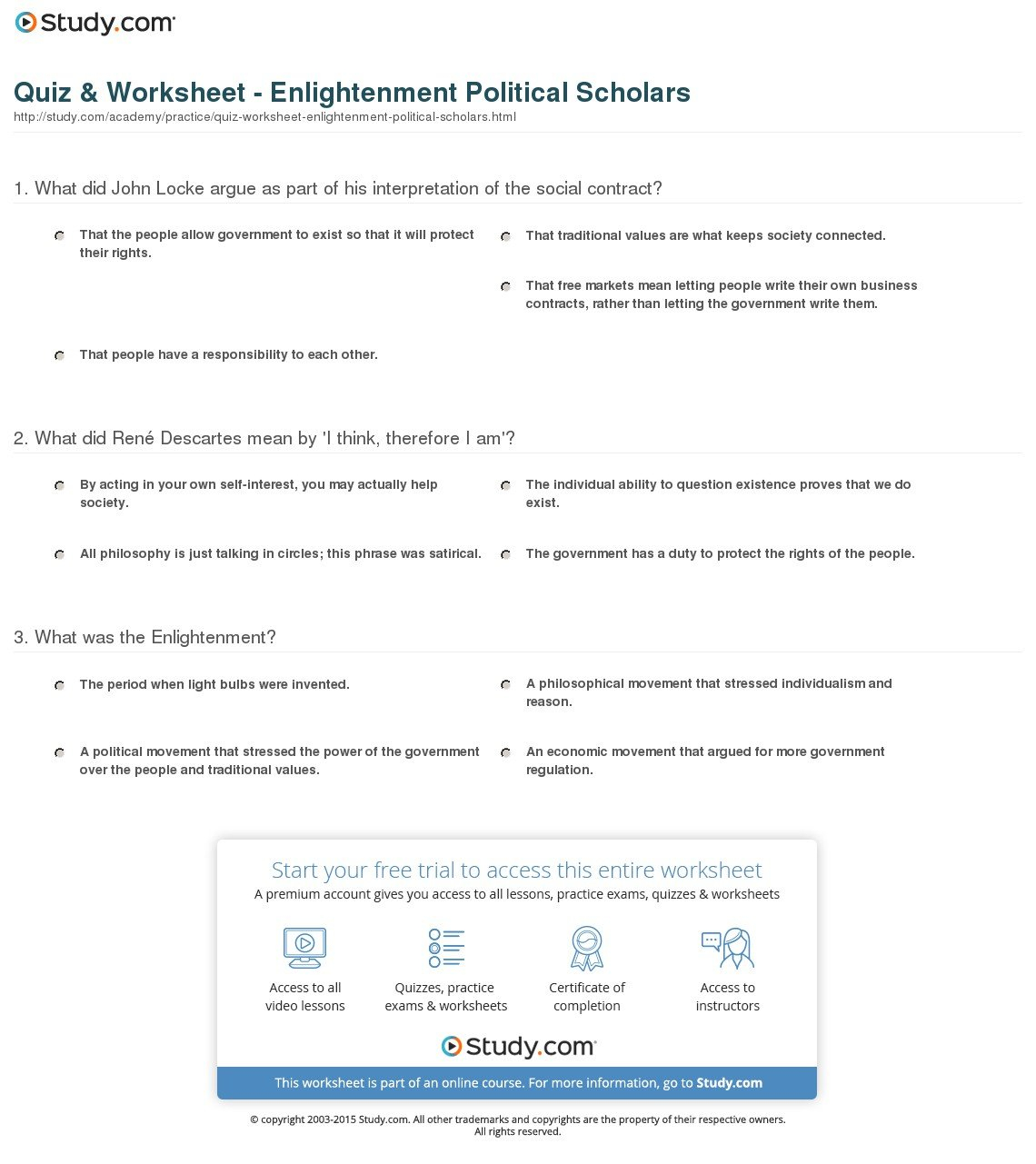 Quiz  Worksheet  Enlightenment Political Scholars  Study Throughout The Enlightenment Worksheet