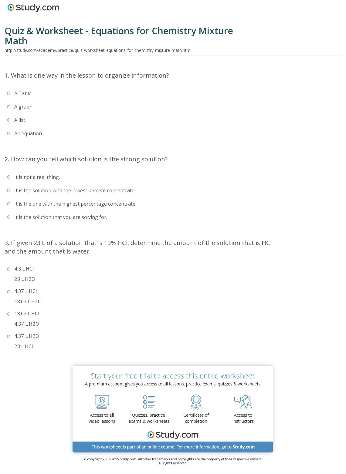 Quiz  Worksheet  Equations For Chemistry Mixture Math  Study Or Mixture Problems Worksheet