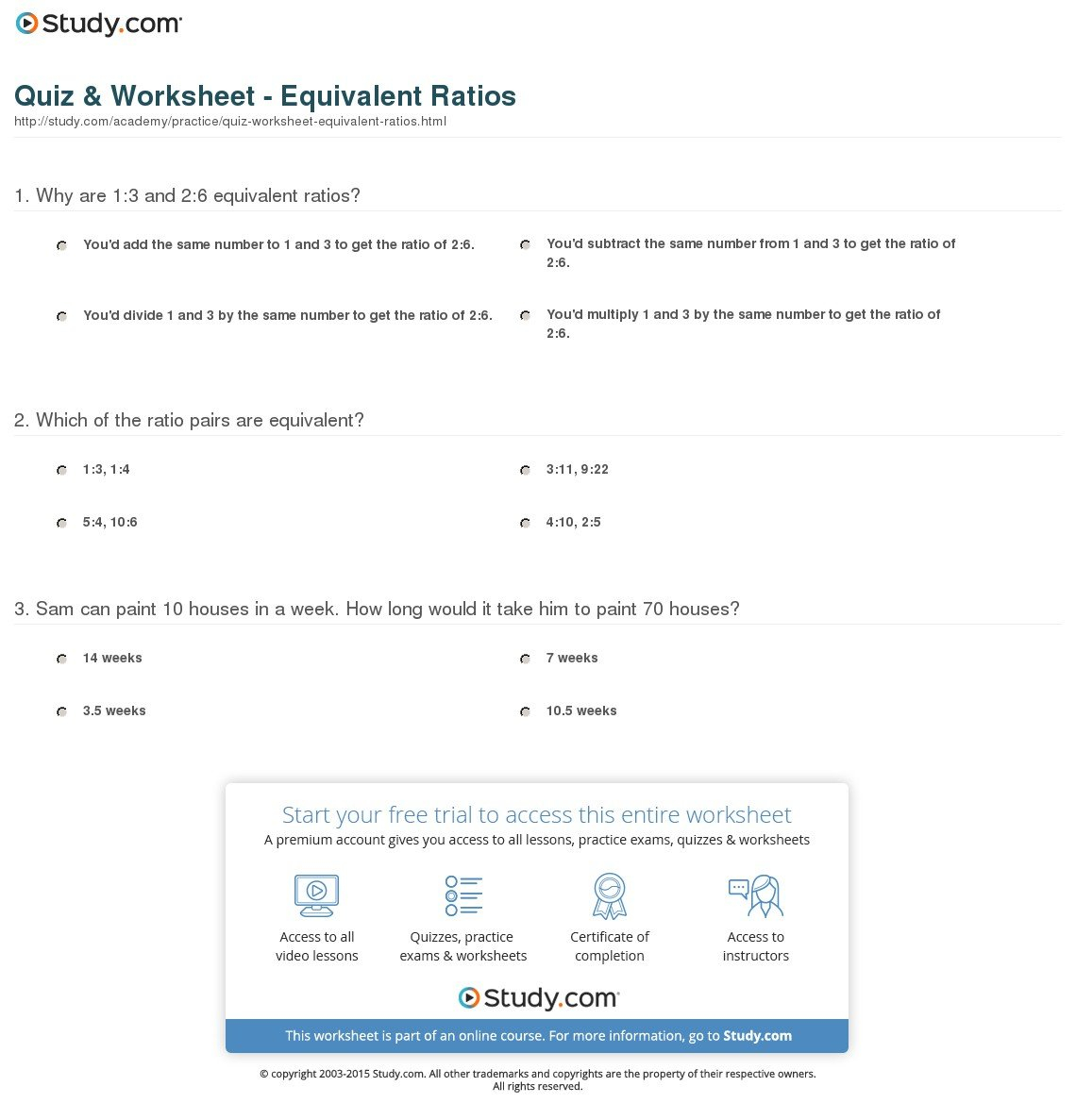 Quiz  Worksheet  Equivalent Ratios  Study And Ratio Activity Worksheet Answers