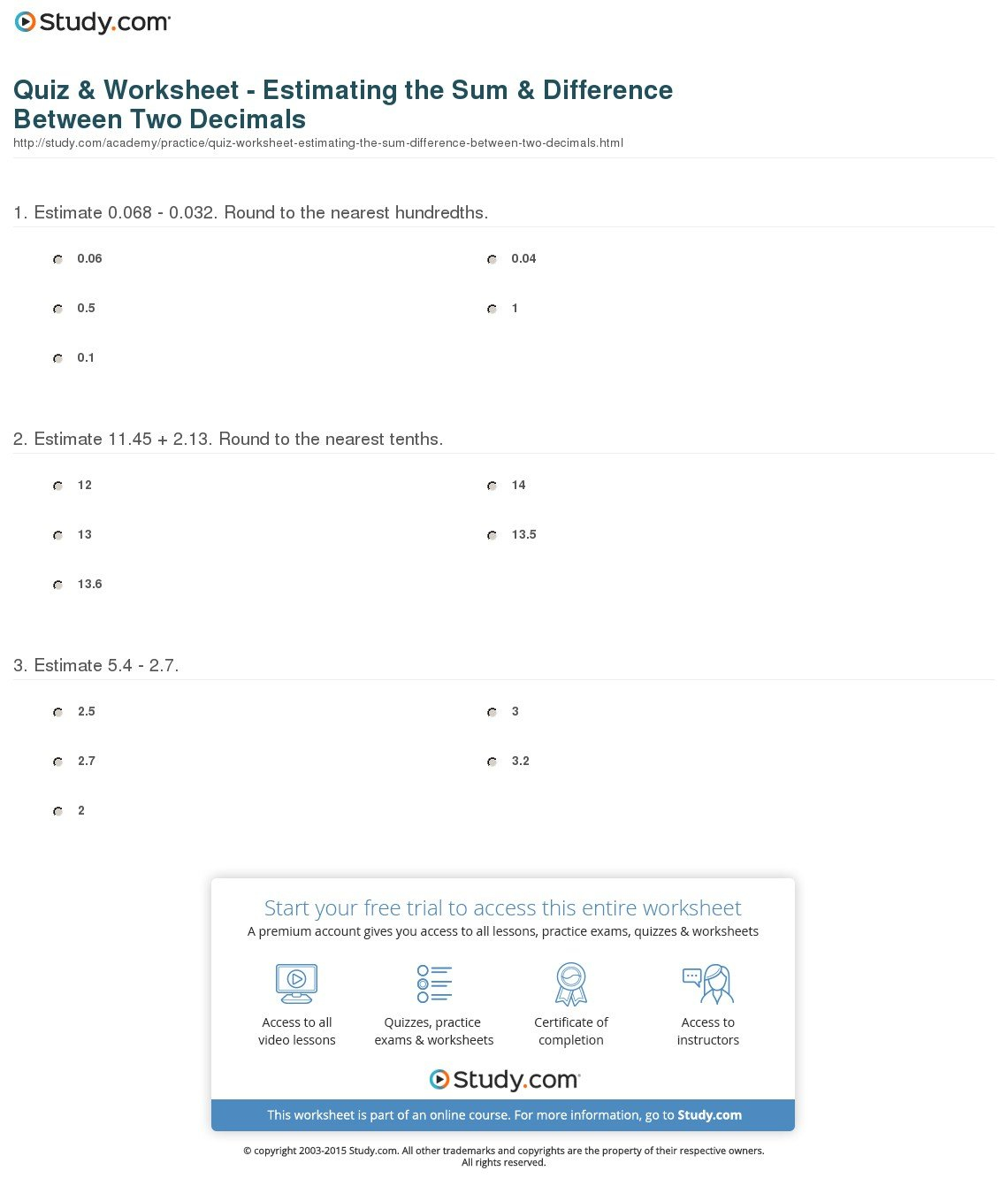 Quiz  Worksheet  Estimating The Sum  Difference Between Two Within Estimating Sums And Differences Worksheets