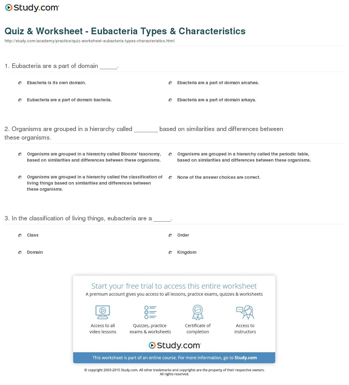 Quiz  Worksheet  Eubacteria Types  Characteristics  Study For Characteristics Of Bacteria Worksheet Answer Key