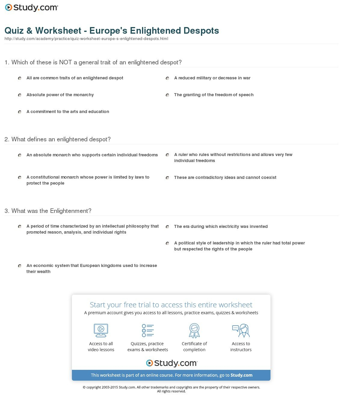 Quiz  Worksheet  Europe's Enlightened Despots  Study And The Enlightenment Worksheet Answers