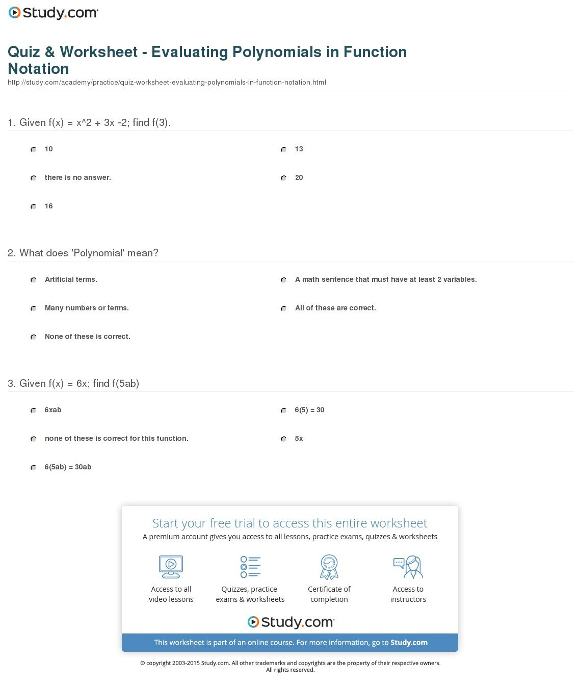 Quiz  Worksheet  Evaluating Polynomials In Function Notation And Evaluating Functions Worksheet Algebra 2 Answers