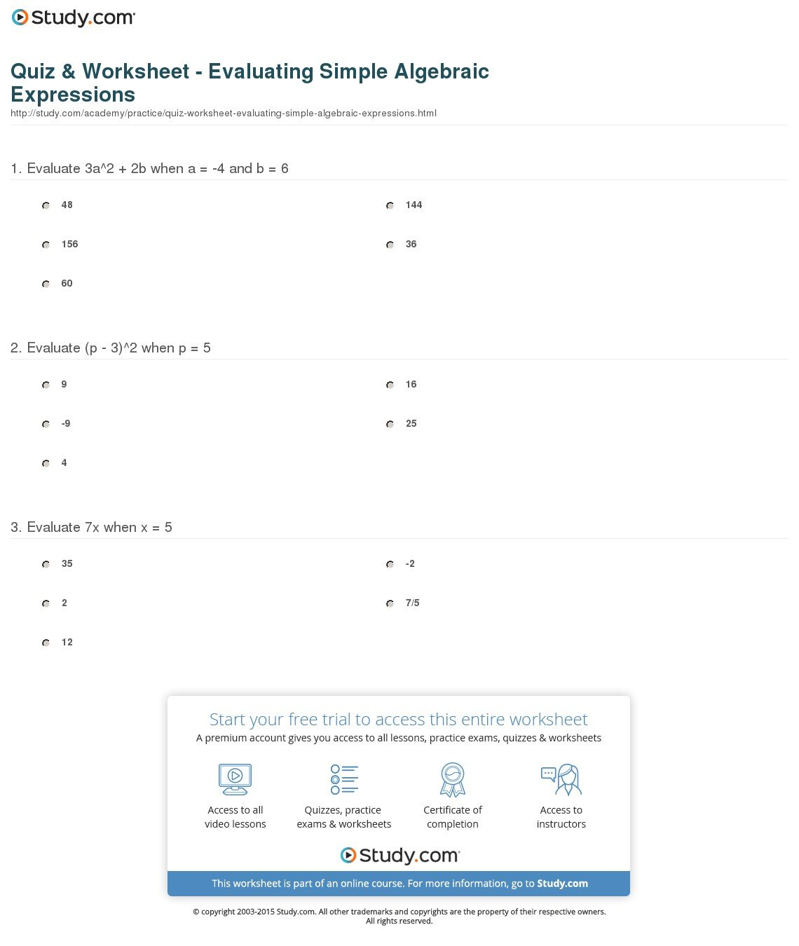 Quiz  Worksheet  Evaluating Simple Algebraic Expressions  Study Pertaining To Evaluating Expressions With Exponents Worksheets
