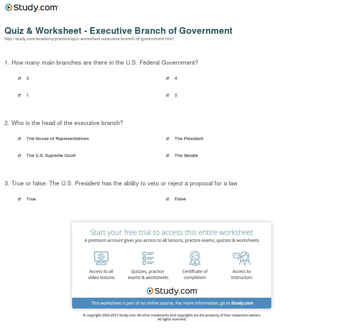 Quiz  Worksheet  Executive Branch Of Government  Study As Well As The Executive Branch Worksheet
