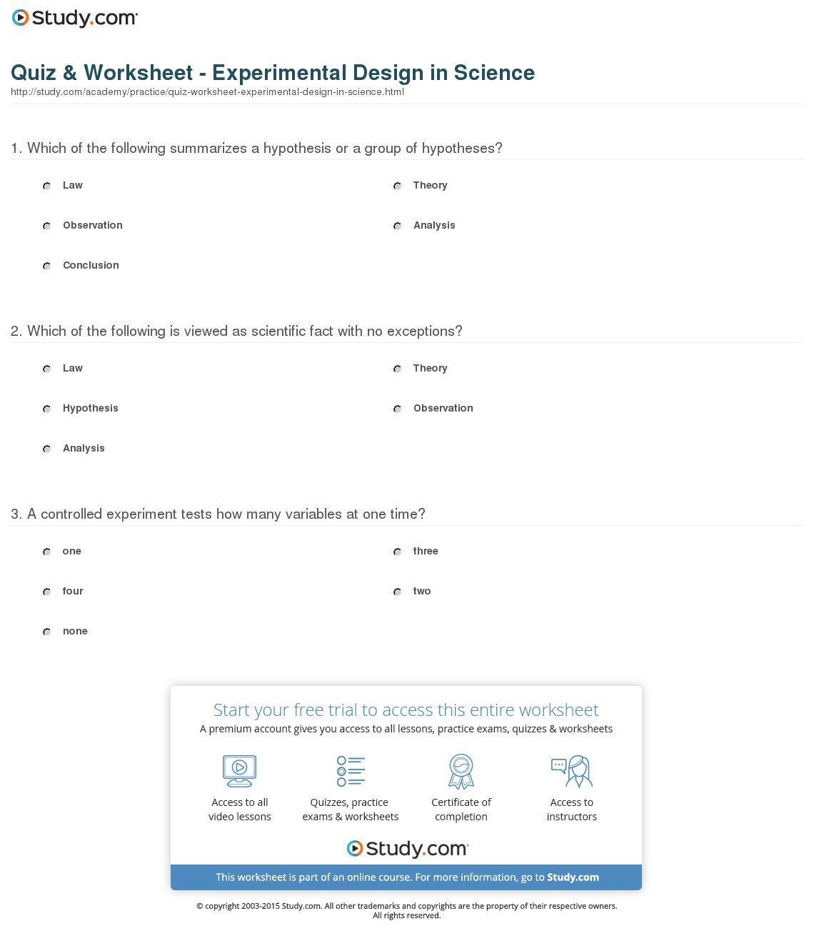Quiz  Worksheet  Experimental Design In Science  Study Intended For Experimental Design Worksheet Scientific Method