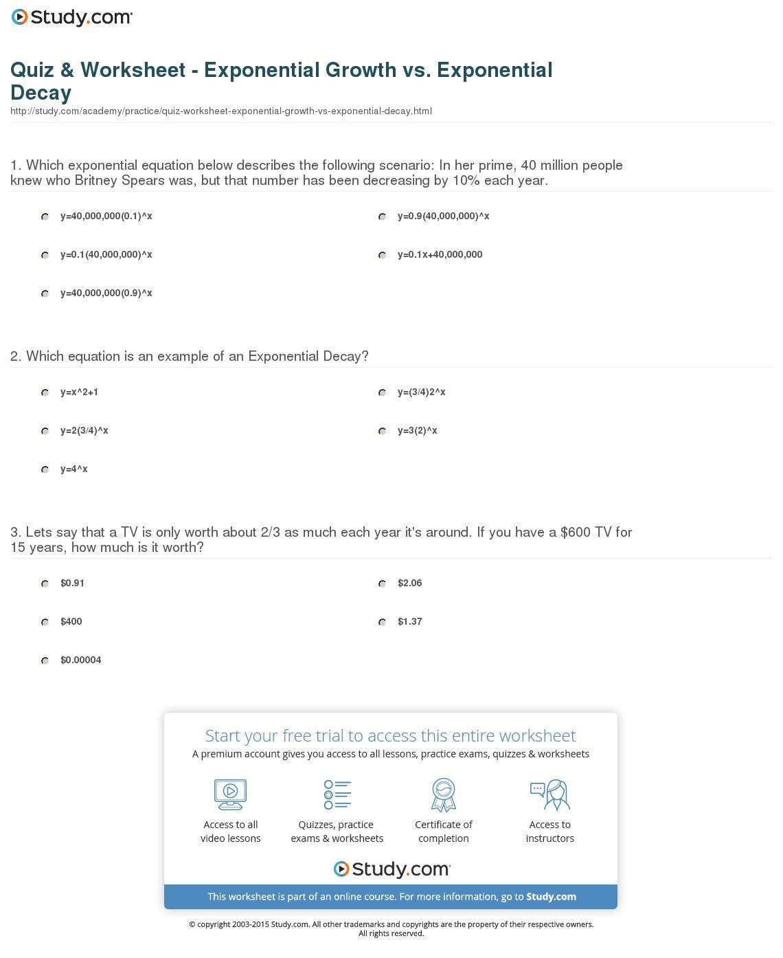 Quiz  Worksheet  Exponential Growth Vs Exponential Decay  Study For Exponential Growth And Decay Worksheet Answer Key