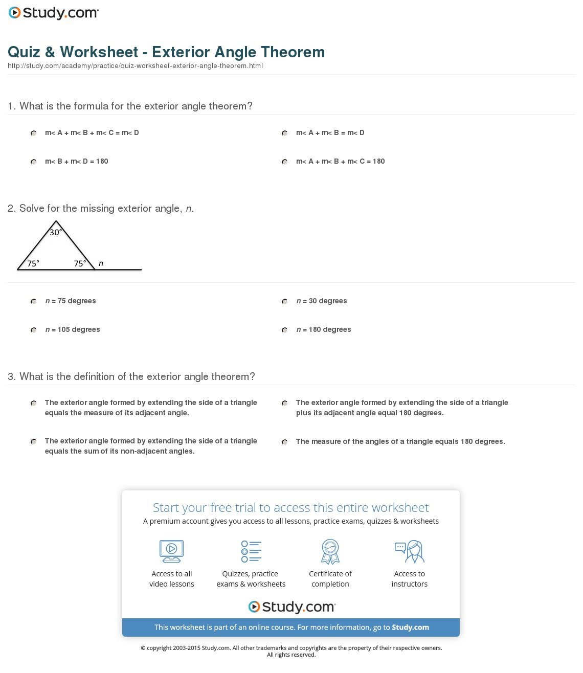 Quiz  Worksheet  Exterior Angle Theorem  Study Pertaining To Exterior Angle Theorem Worksheet
