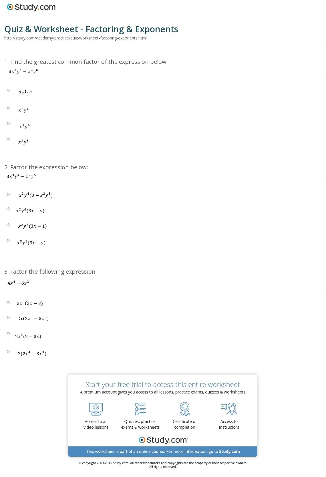 Quiz  Worksheet  Factoring  Exponents  Study Also Factoring Expressions Worksheet